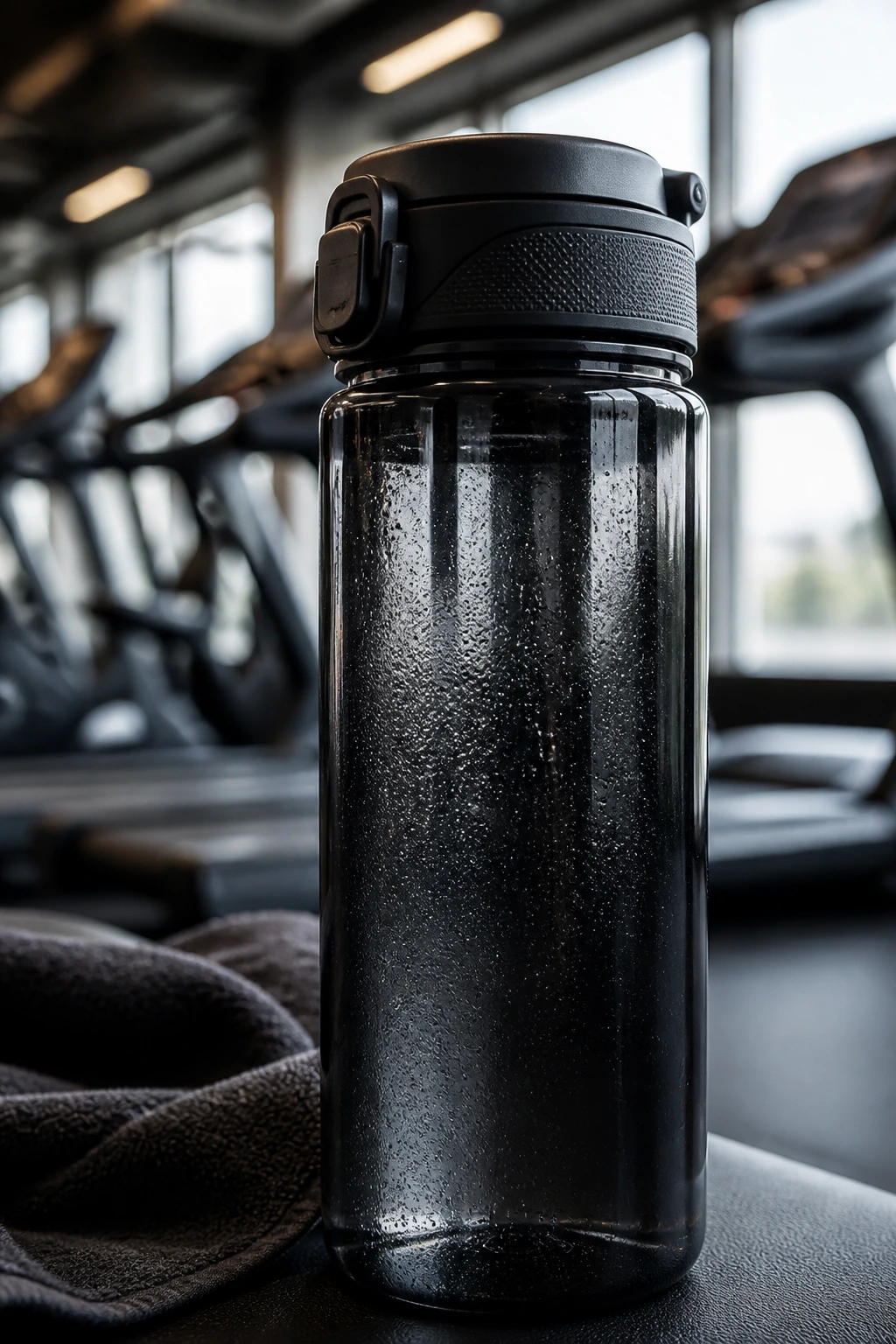 Close-up of a durable water bottle in a gym environment