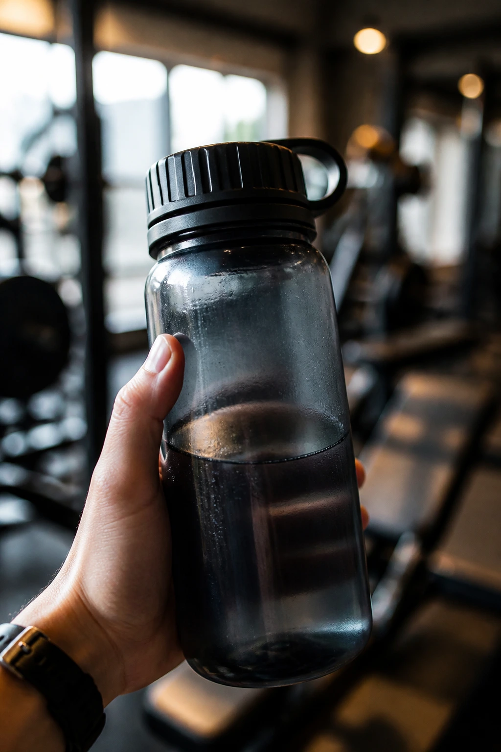 Close-up of a refillable 500-750 ml water bottle in a gym setting