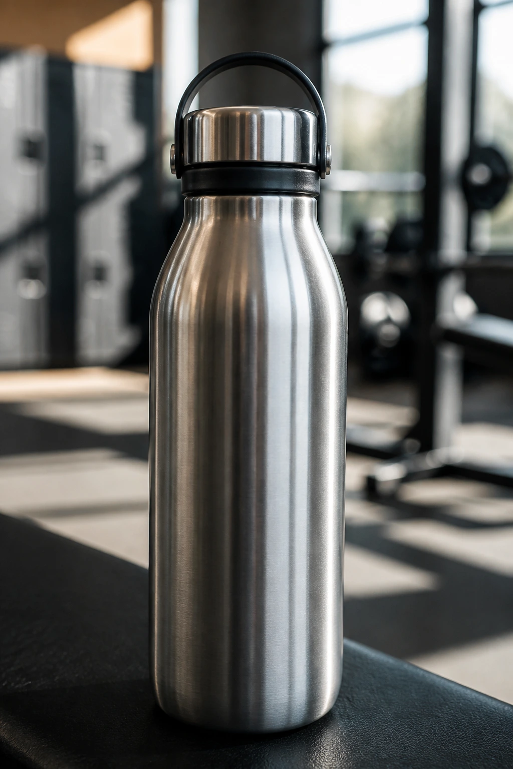 Close-up of a reusable water bottle in a gym setting