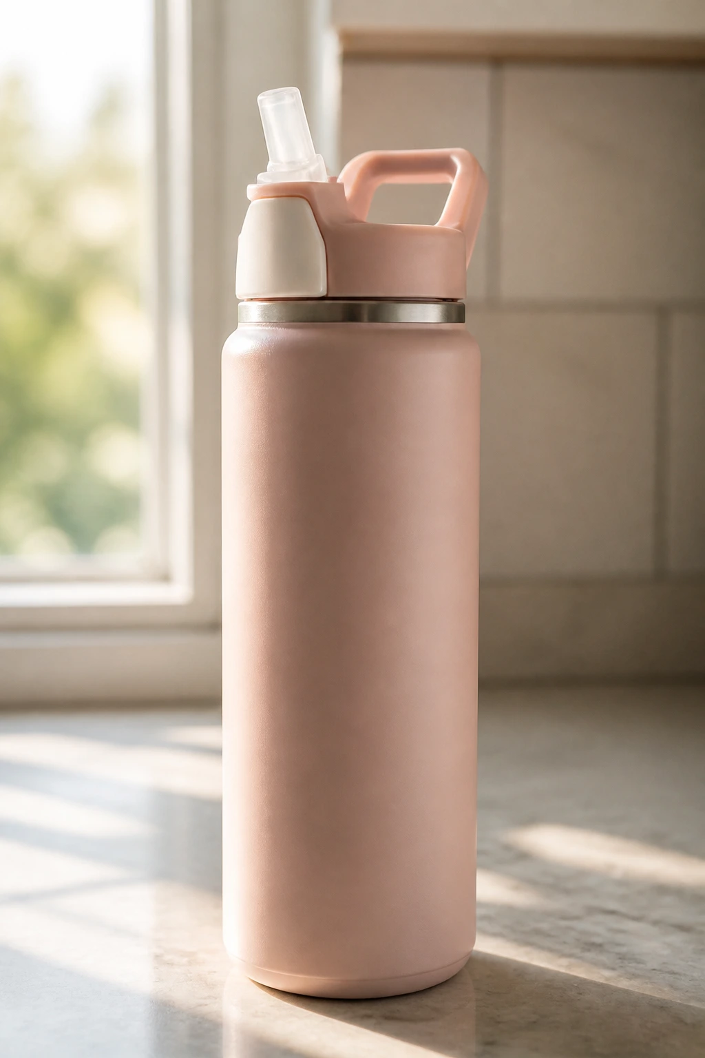 Close-up of a large insulated water bottle with a straw on a kitchen counter