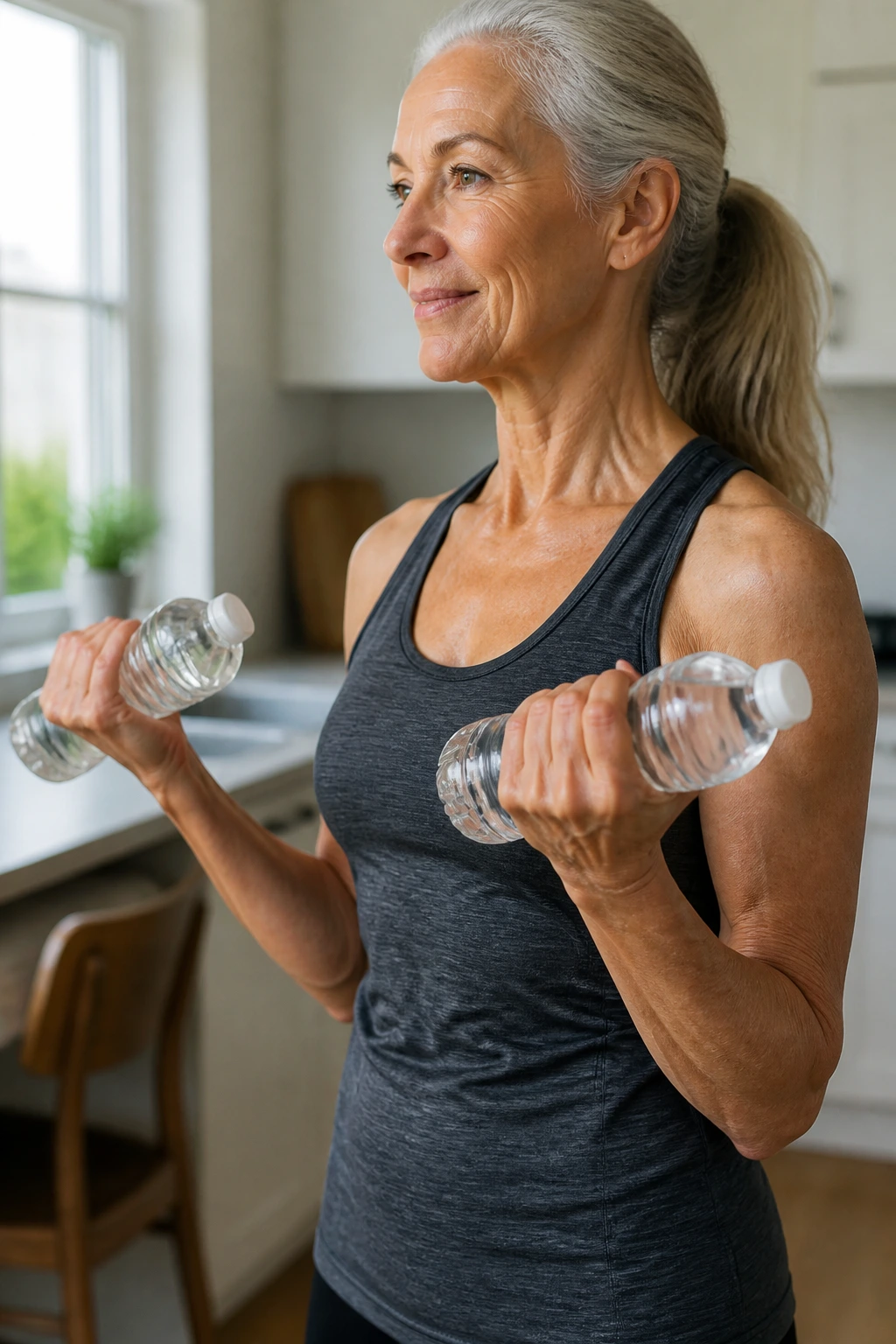 Close-up of a real person performing water-bottle bicep curls at home.