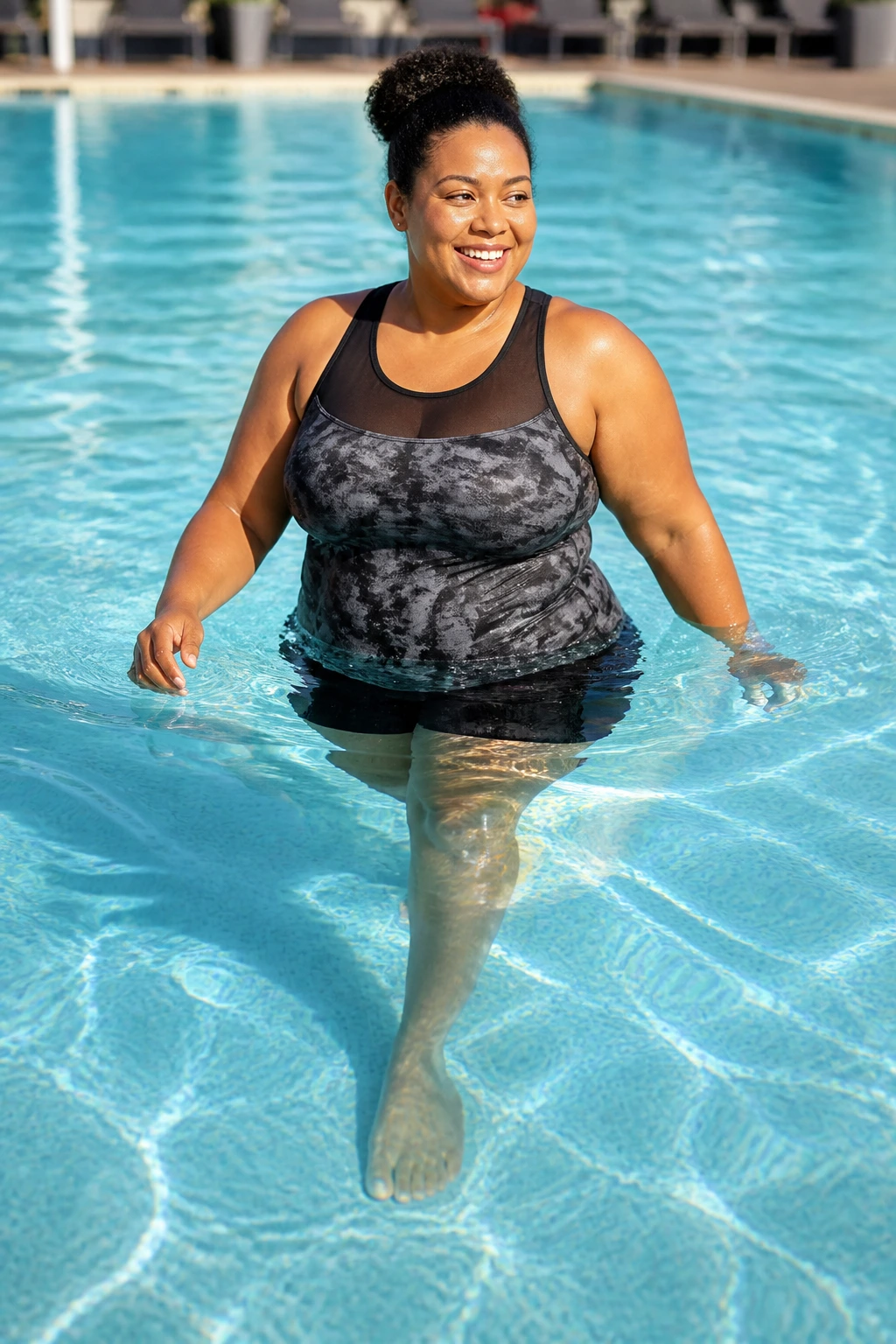 Real person walking in waist-deep pool water, demonstrating low-impact water walking