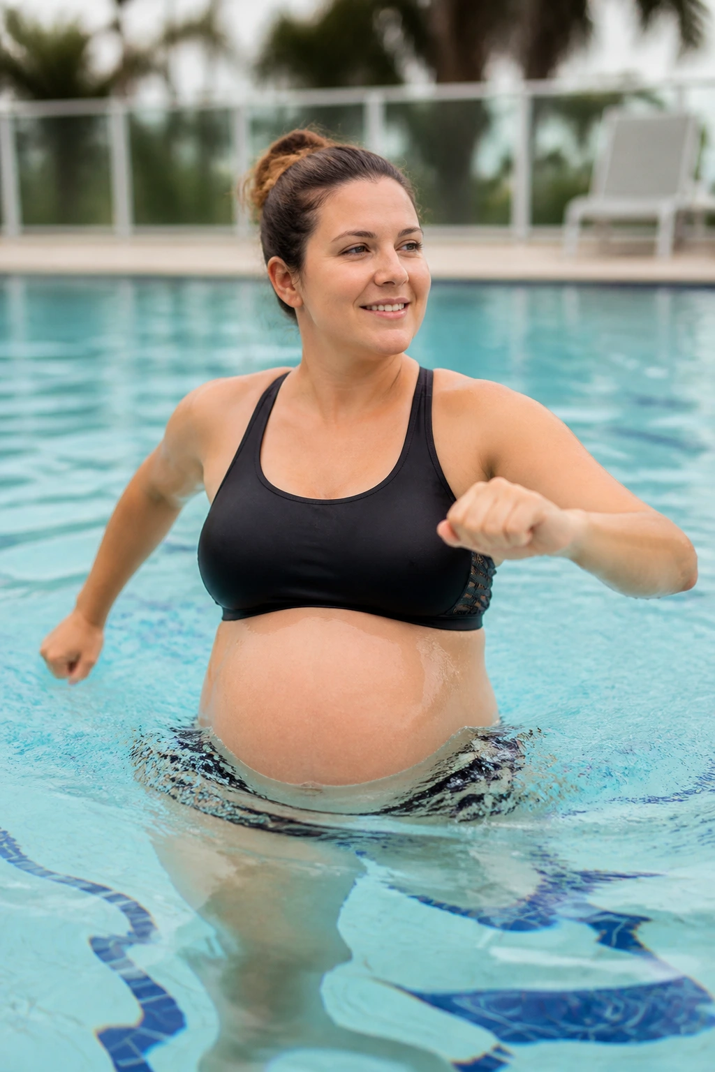 Medium close-up of a person water walking in chest-deep pool water