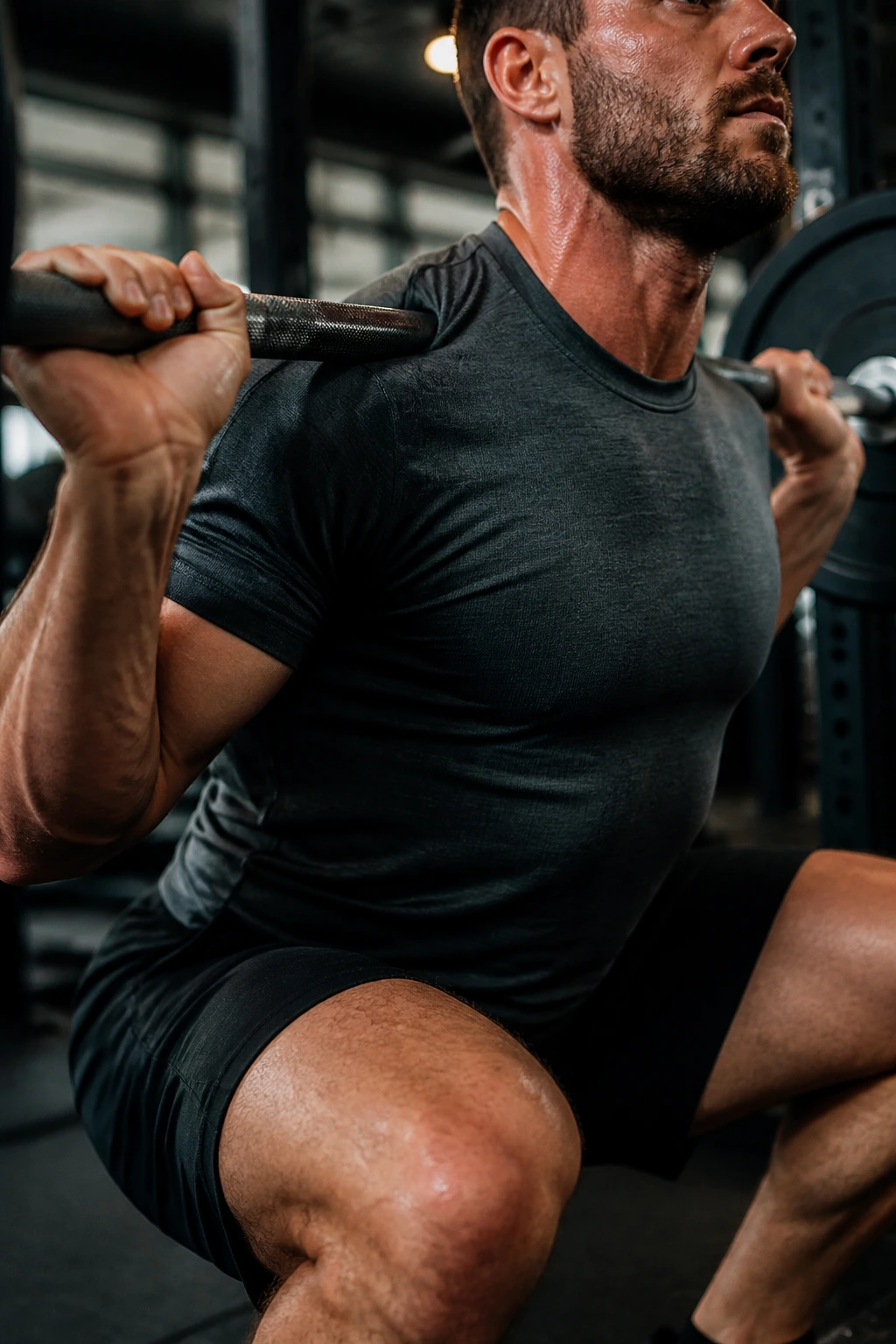 Close-up of a lifter's torso and hands gripping a barbell during a squat in a gym
