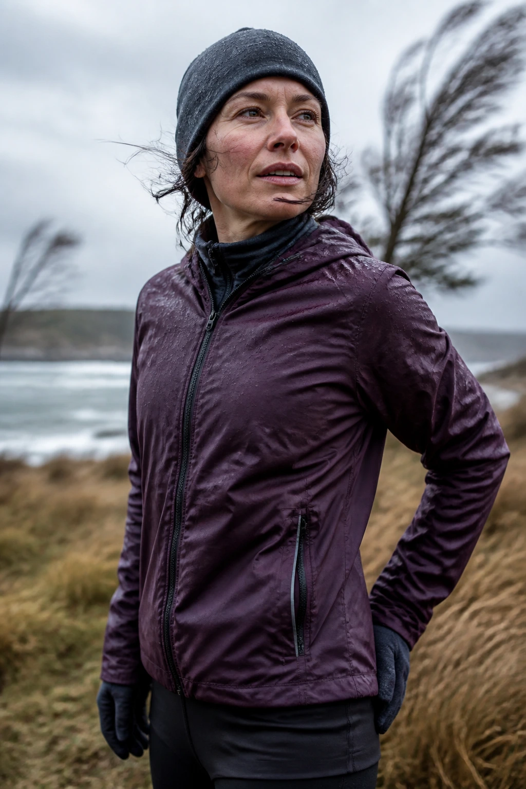 Runner training in varied weather wearing layered gear outdoors