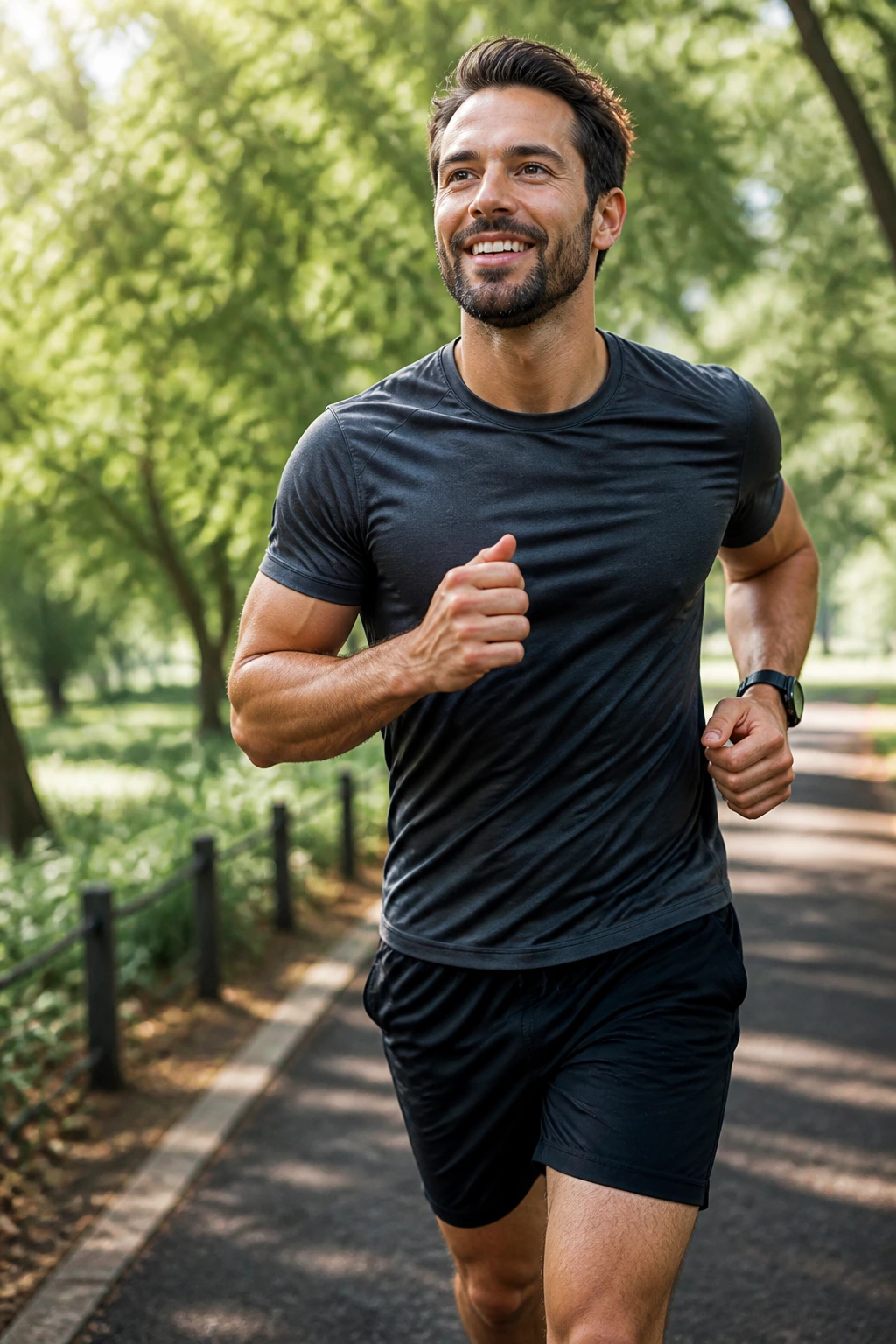 Close-up of a real adult runner during a weekend morning jog in a park