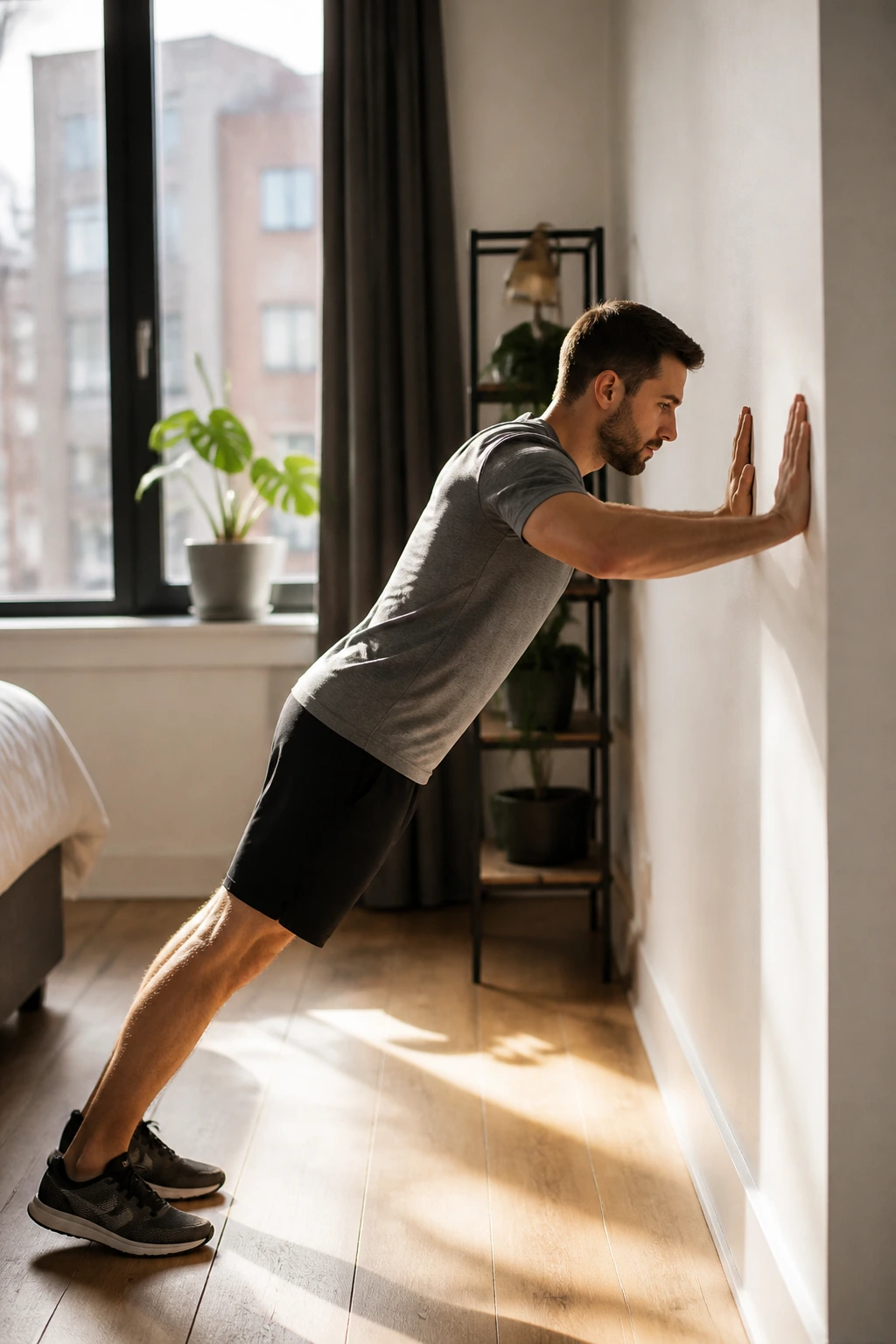 Real person performing incline push-ups against a wall in a home setting