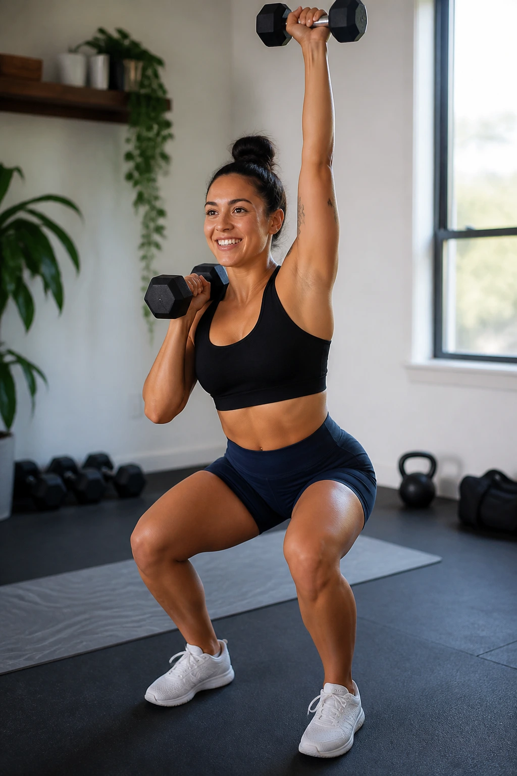 Real woman performing dumbbell squat-to-press in a bright home gym for weekly repeatable plan