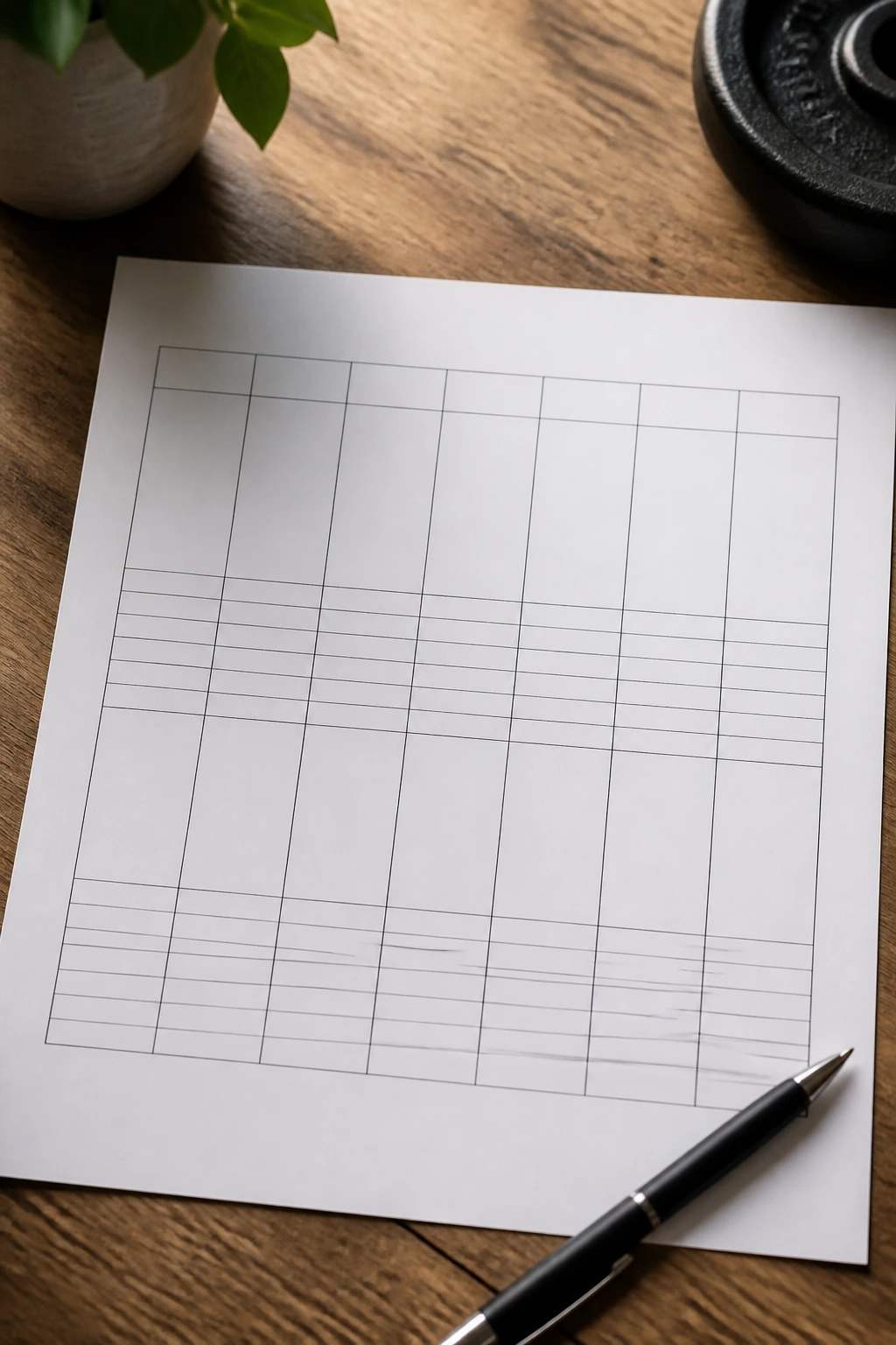 Close-up of a weekly workout planning sheet with a seven-column grid on a desk
