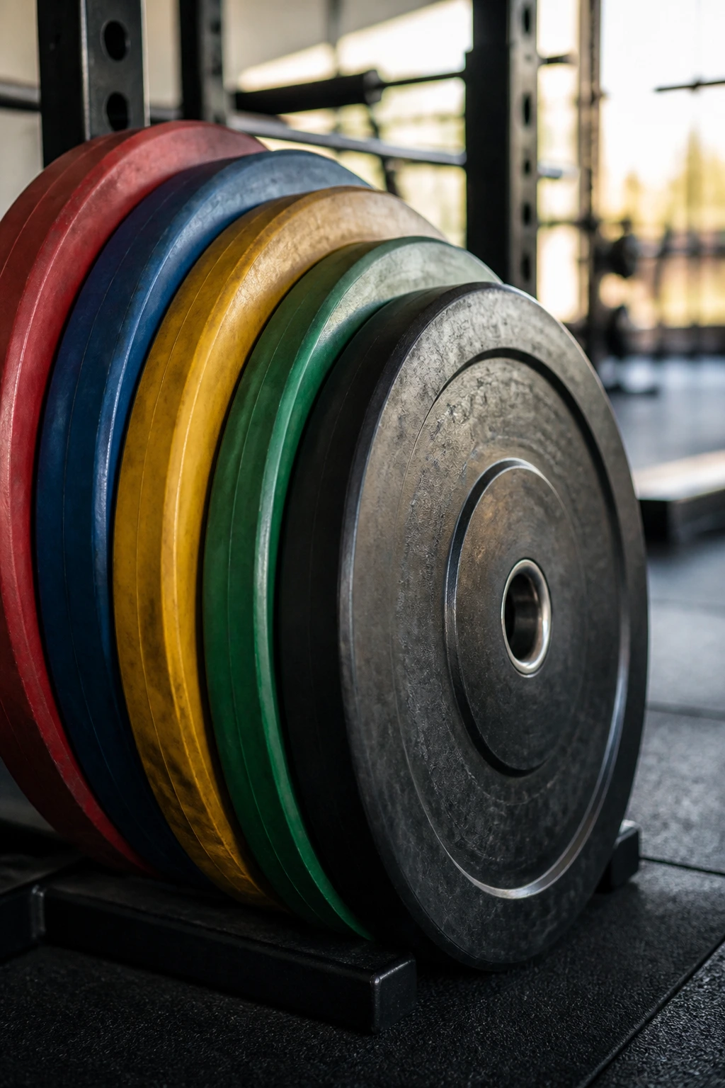 Close-up of a stack of bumper plates in a gym.