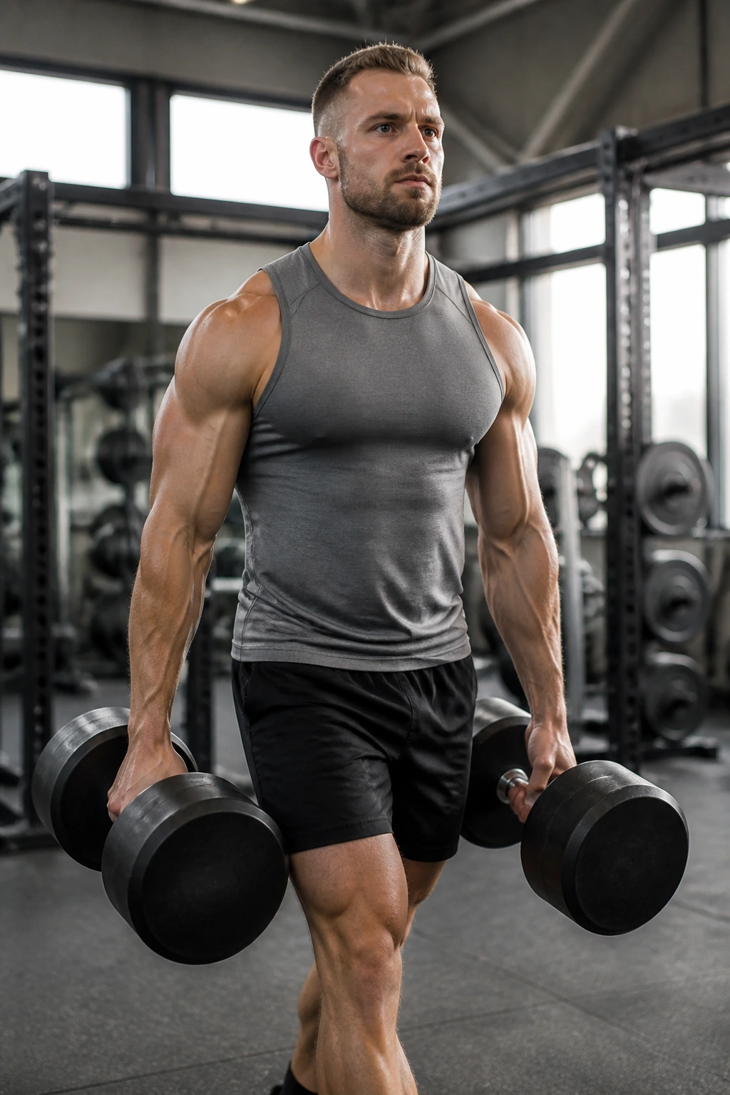 Close-up of athlete performing weighted carries in gym, grip and torso alignment