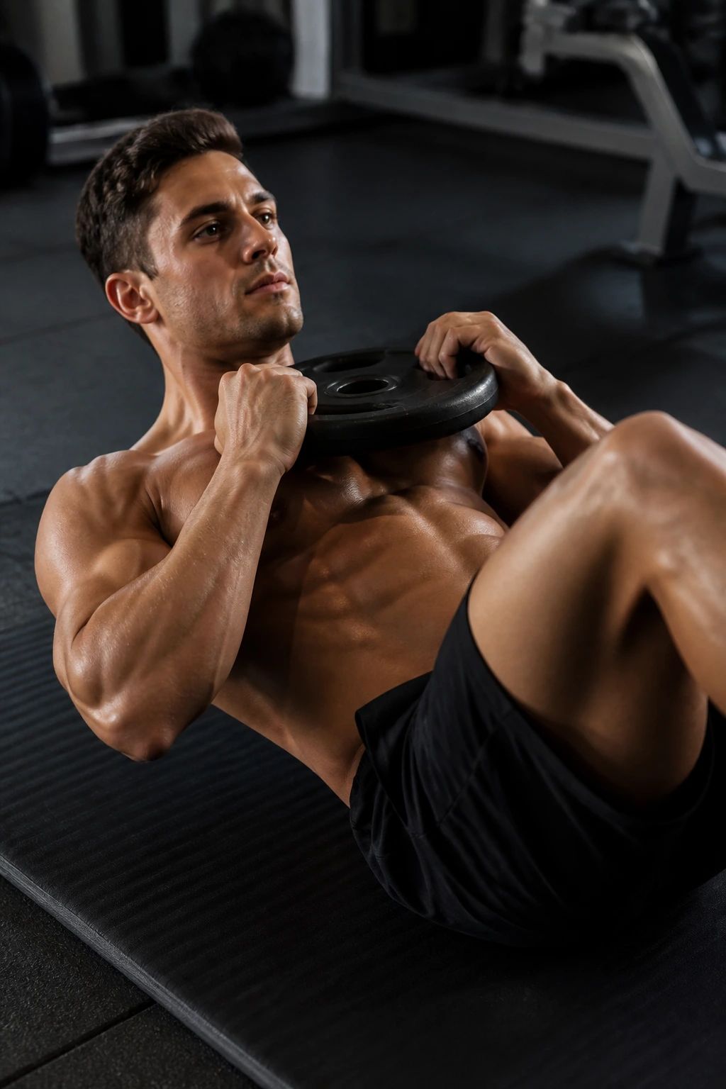 Close-up of a weighted plate crunch showing chest-down position with plate across the chest
