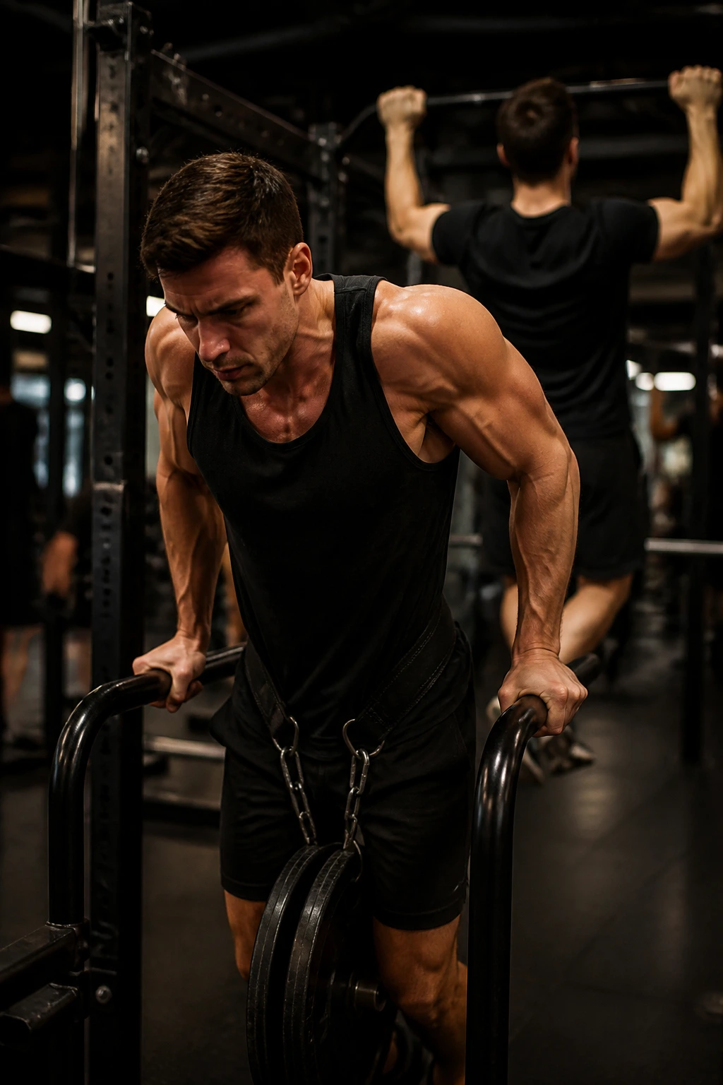 Lifter performing weighted dip on parallel bars with chin-up bar visible in the background