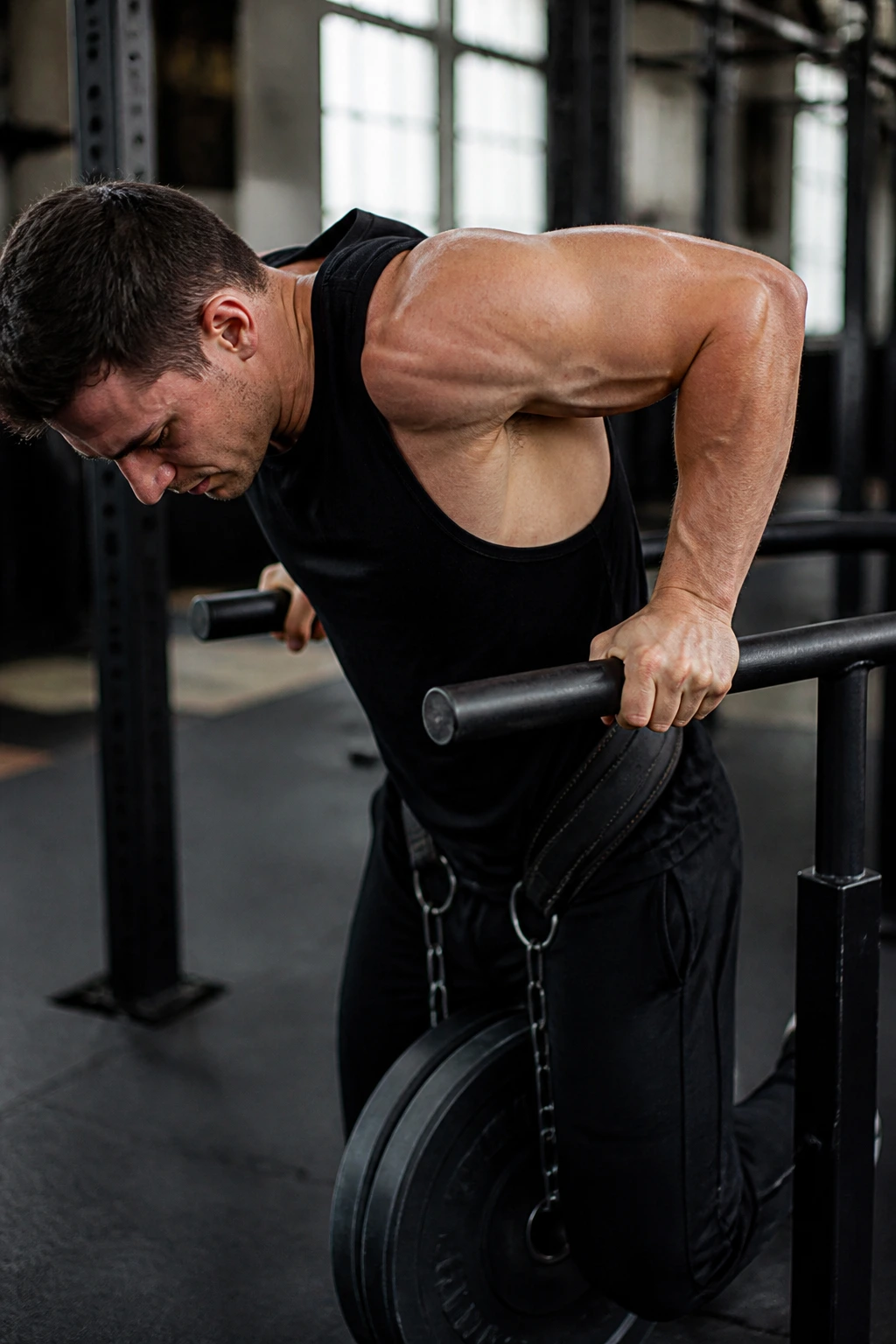 Person doing weighted dips emphasizing triceps on parallel bars