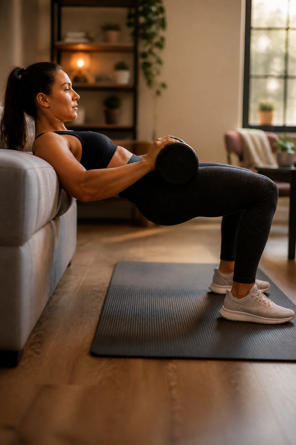 Side close-up of hips elevated in weighted hip thrusts on a couch
