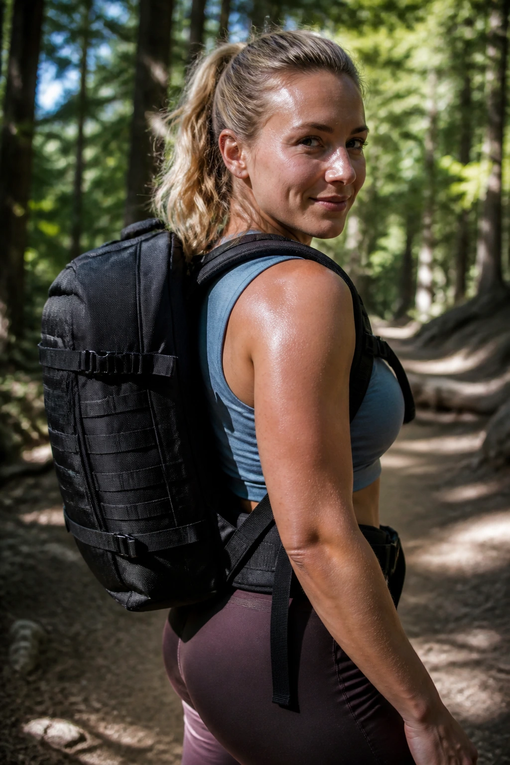 Woman wearing a weighted backpack hiking on a forest trail.