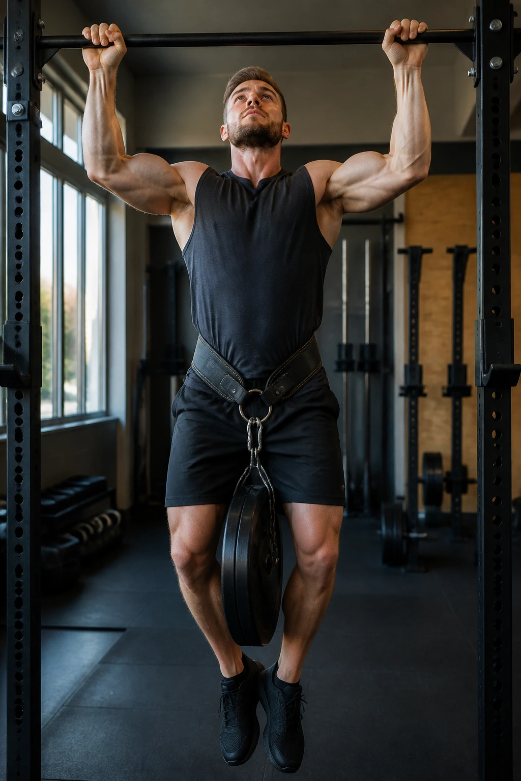 Athlete doing weighted pull-ups with belt in gym