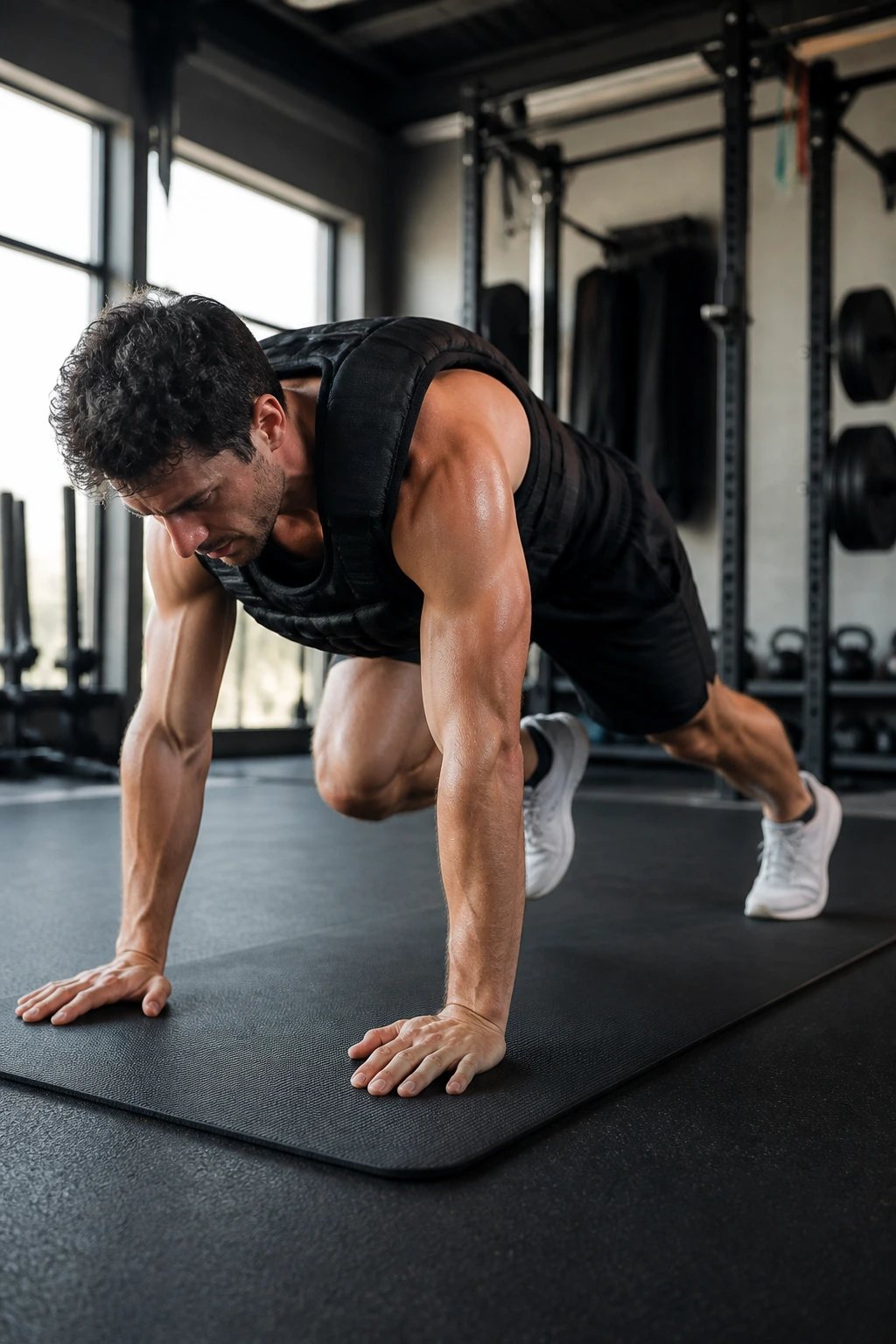 Athlete wearing a weighted vest performing mountain climbers on a gym mat