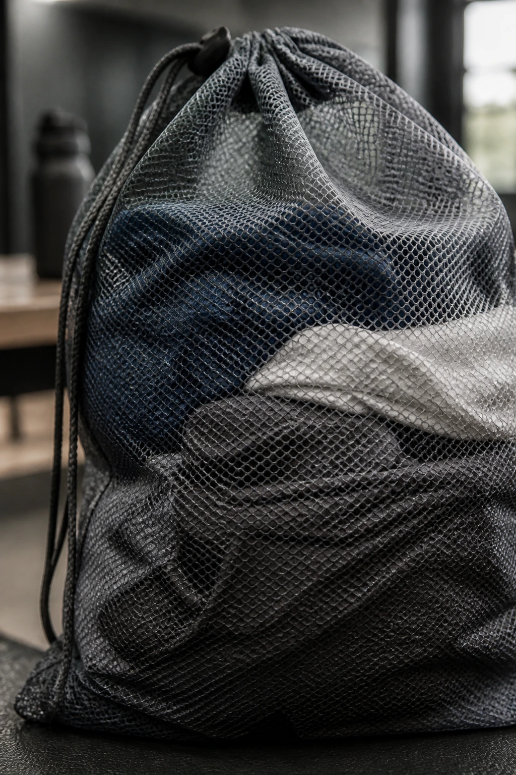 Close-up of a mesh wet bag with damp clothes on a gym bench, background blurred