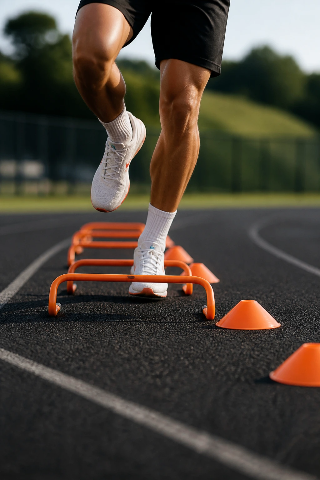 Close-up of runner performing wicket strides between cones