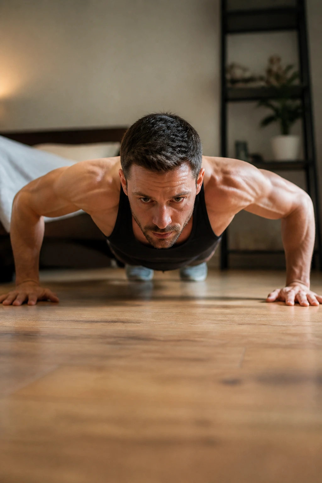 Real person performing Wide-Grip Push-Up on home floor