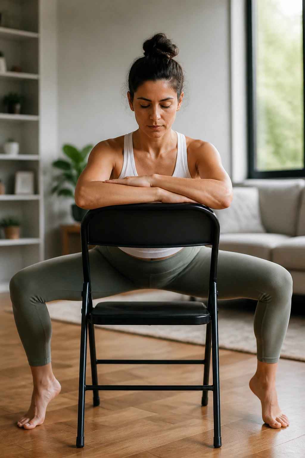 Close-up of a person performing wide-knee hip opener over the chair