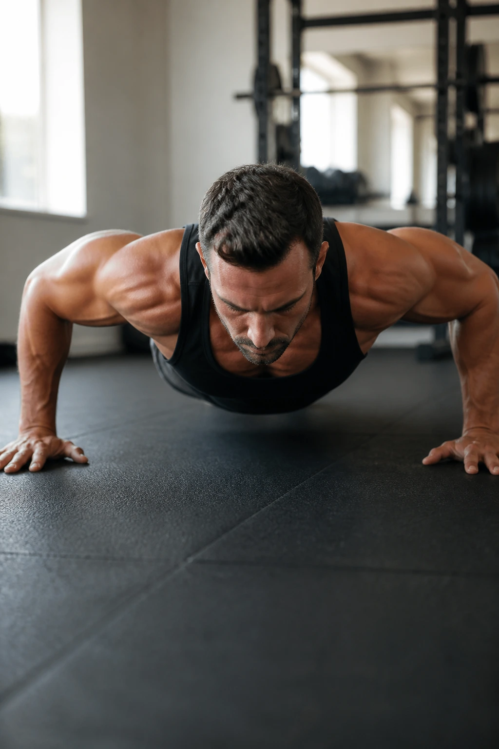 Close-up of a person performing a wide push-up with hands wider than shoulders, chest engaged.