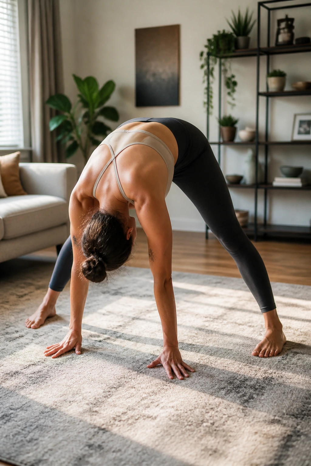 Real person performing wide-stance forward fold with head hanging and hamstrings stretched