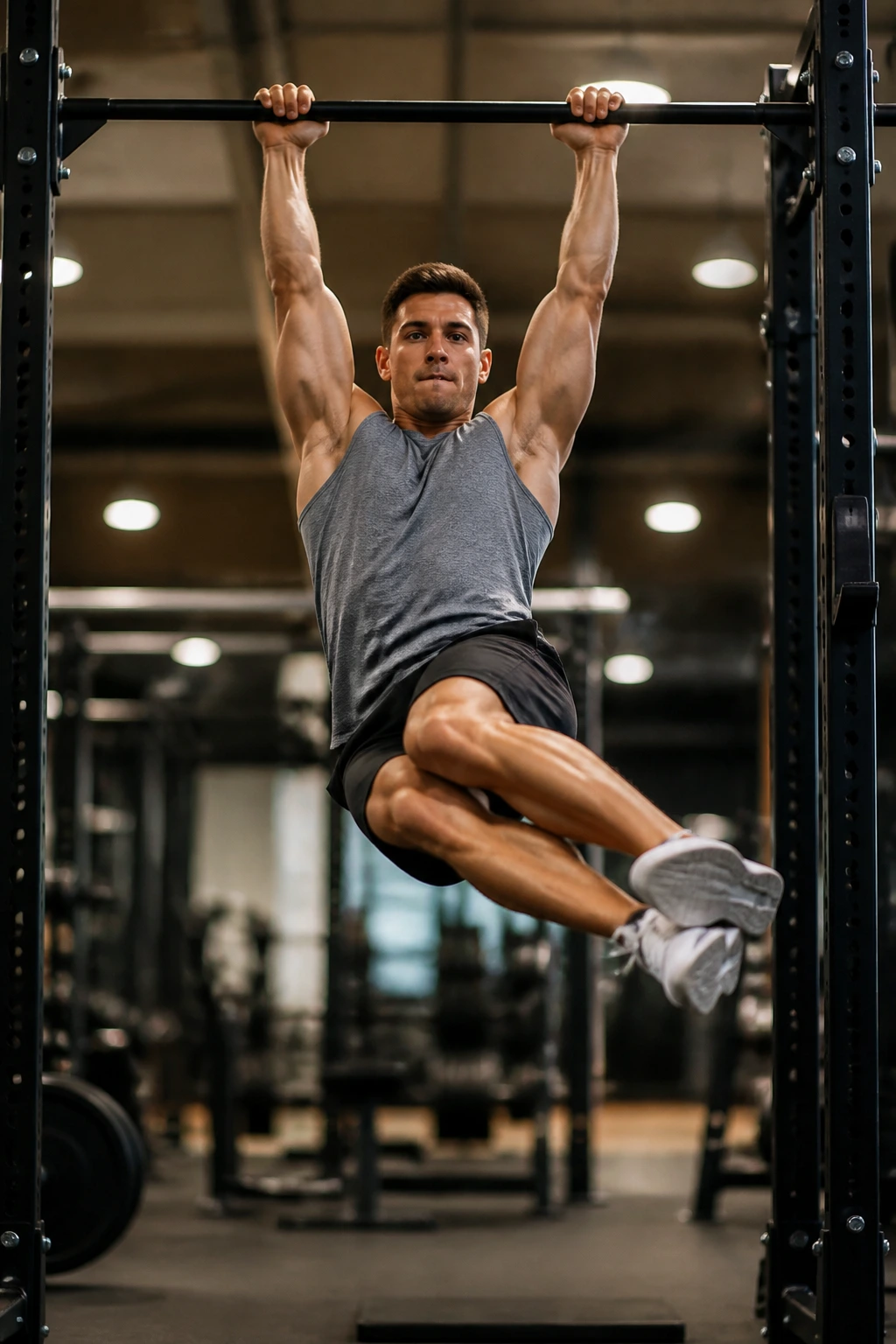 Mid shot of a person performing windshield wipers while hanging from a bar
