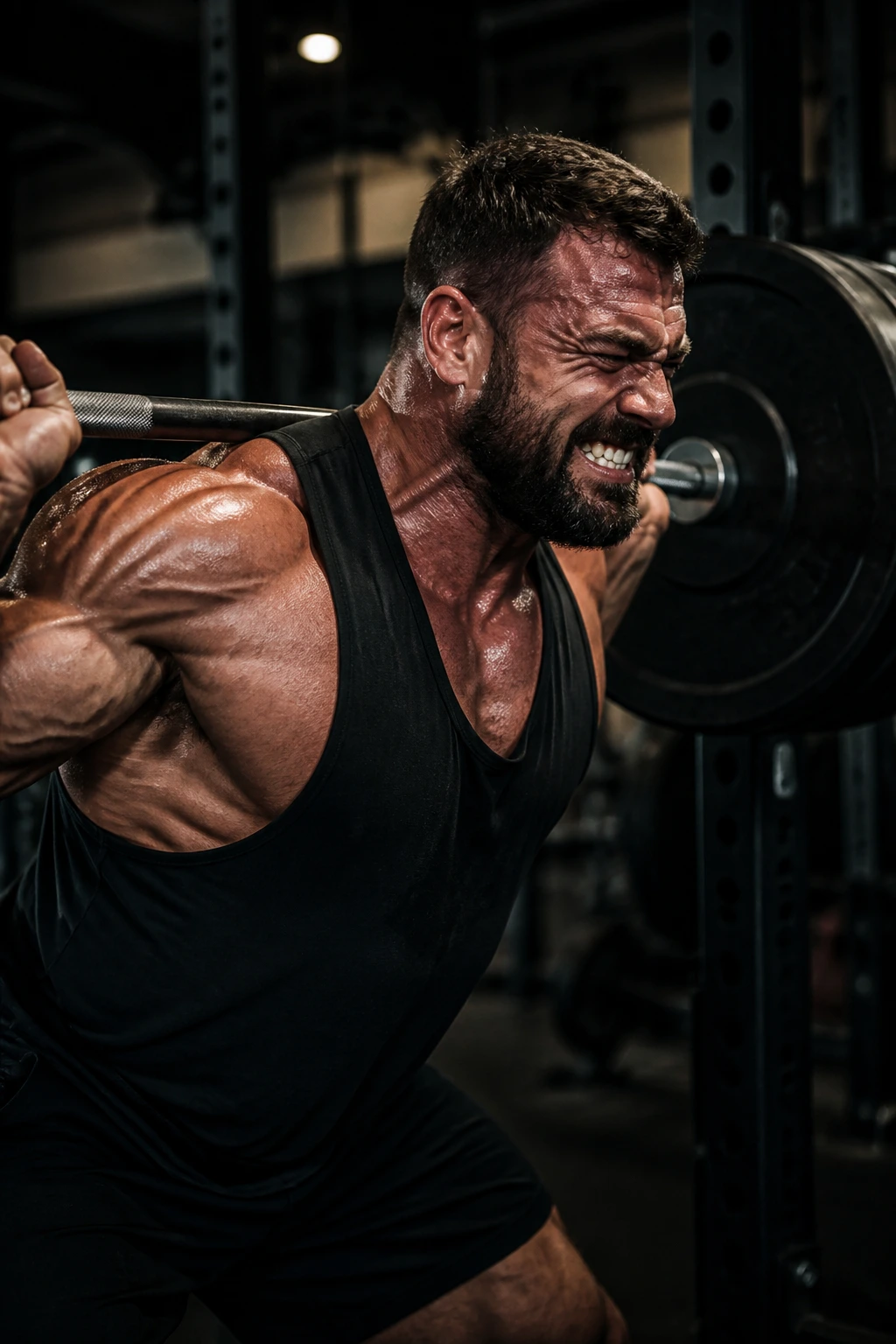 Lifter performing a heavy working set with intense effort in gym