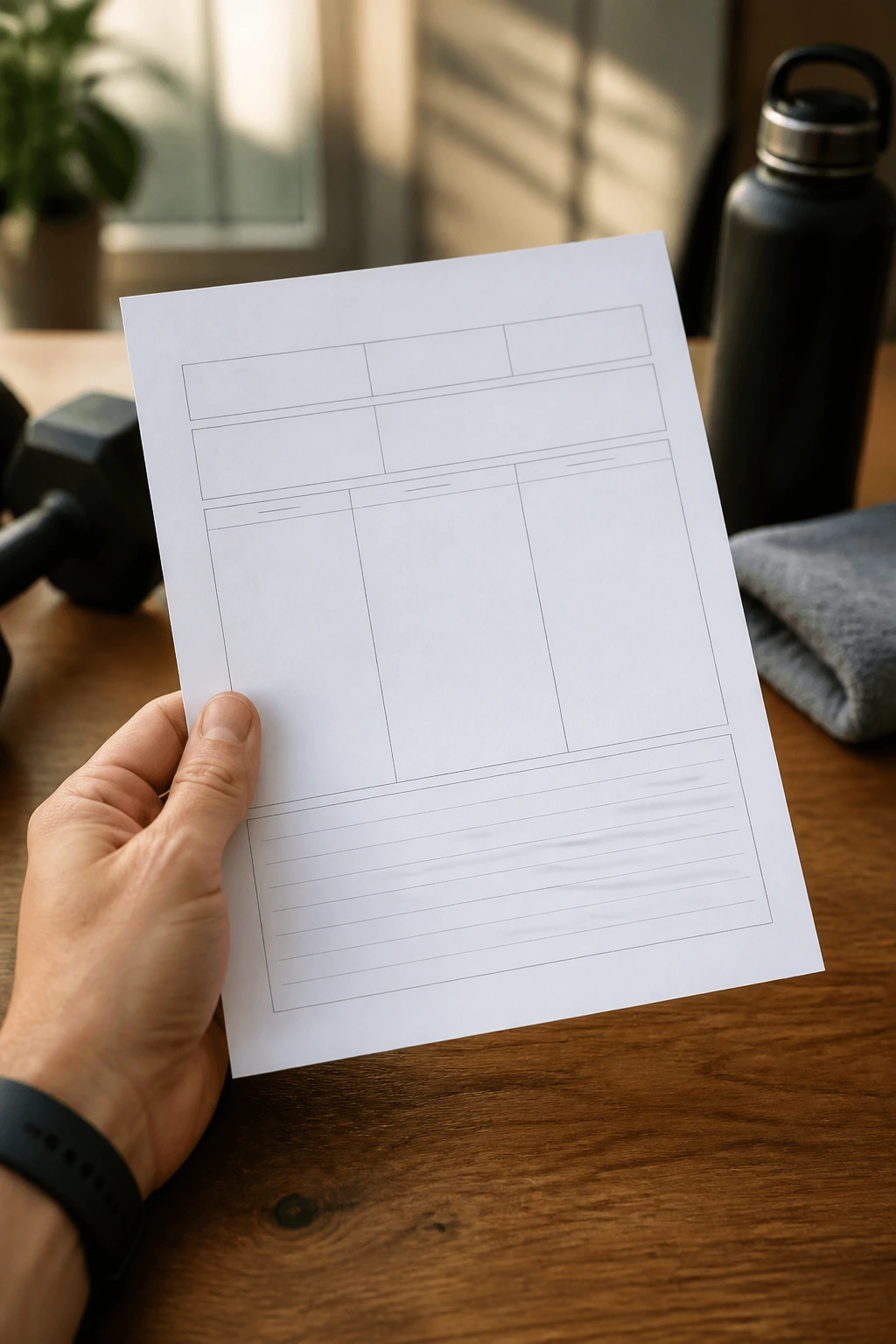 Close-up of a blank workout diary page with boxed sections held on a wooden desk