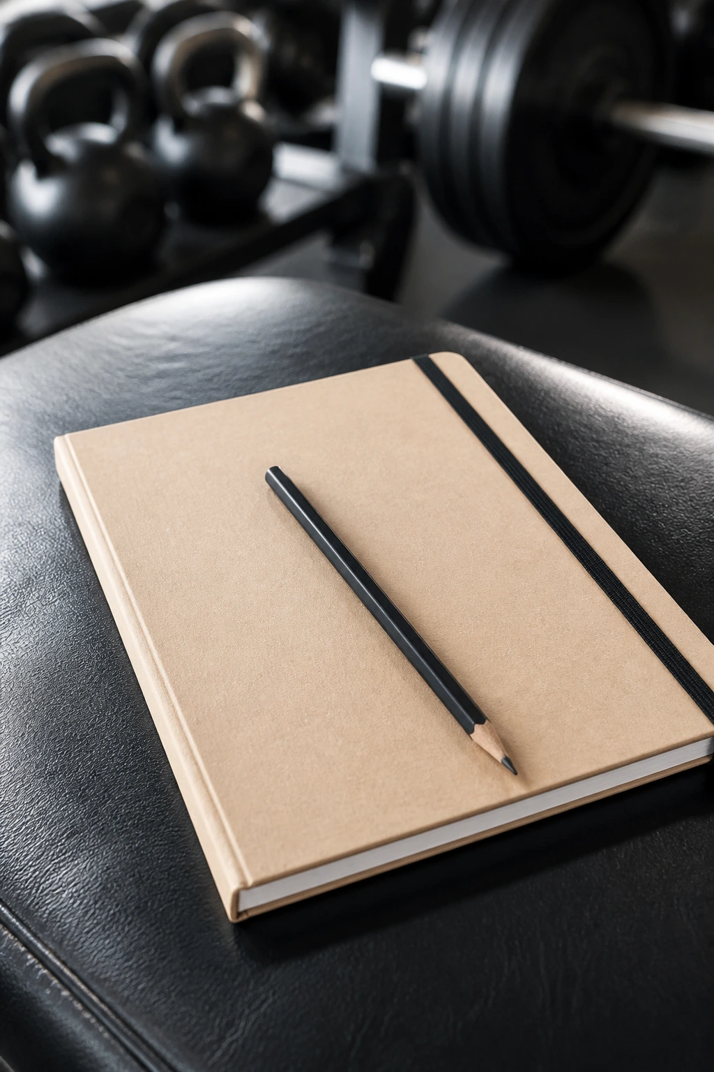 Blank notebook with pencil on gym bench