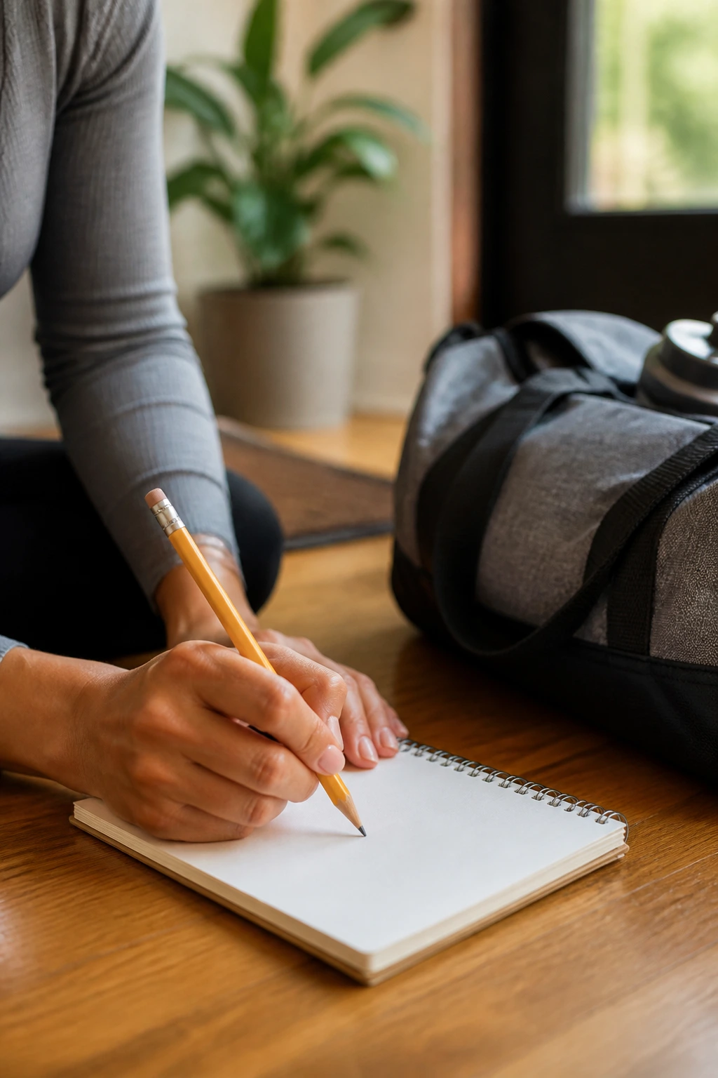 Close-up of a hand with a pencil over blank notebook suggesting planning a home workout