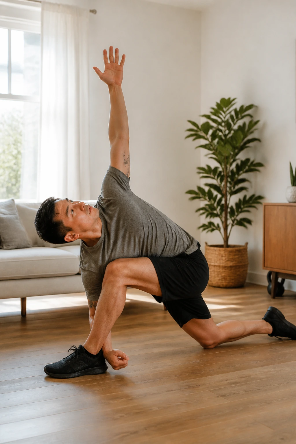 Person performing the World's Greatest Stretch in a bright home setting