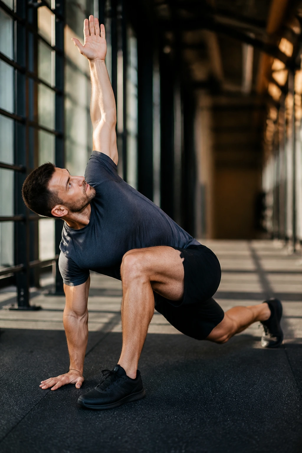 Medium-close portrait performing The World’s Greatest Stretch in a gym