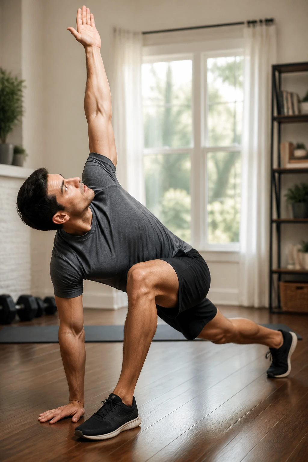 Person performing The World’s Greatest Stretch in a bright home gym