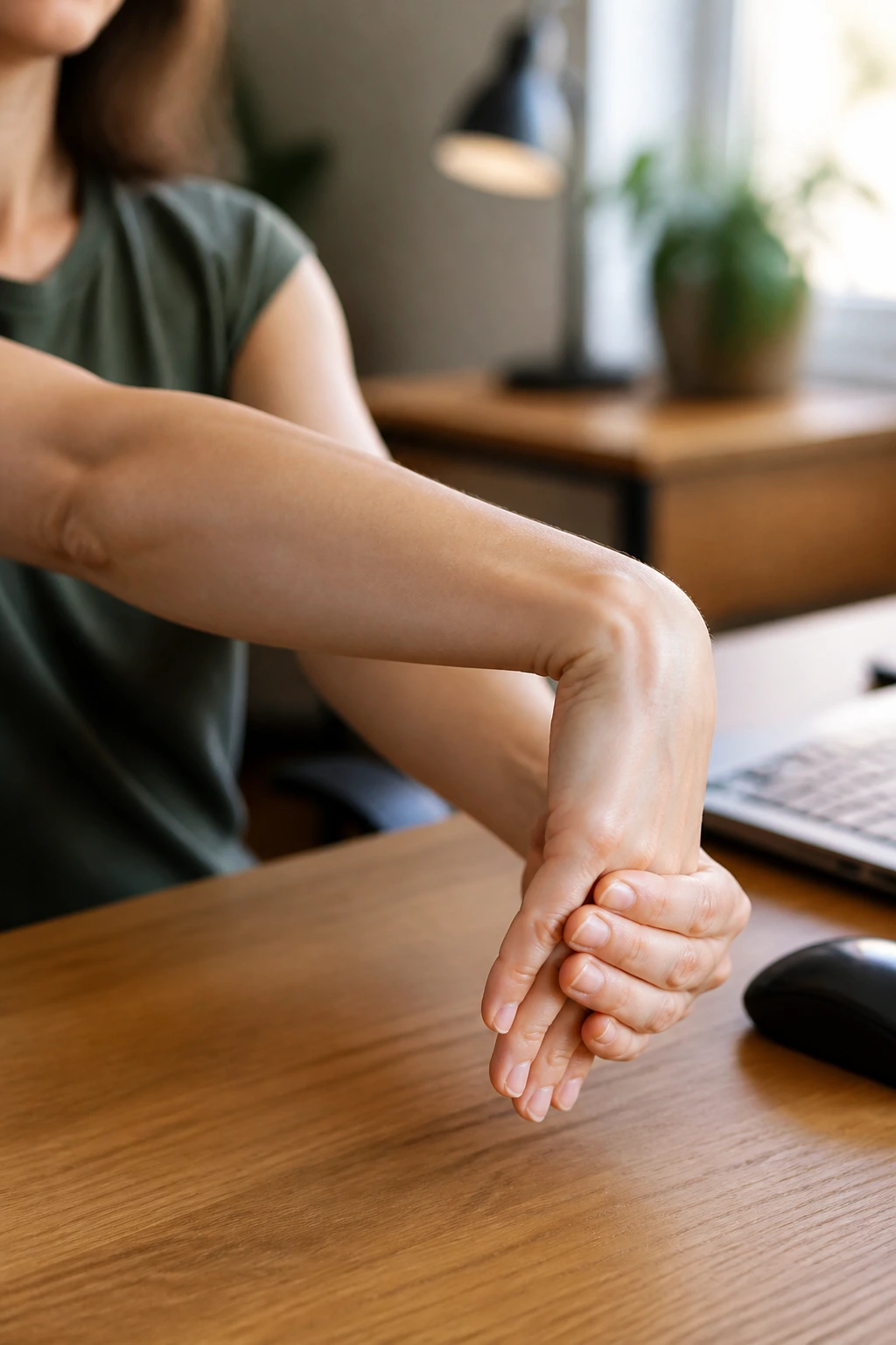 Close-up of forearms performing wrist extension stretch at a desk.