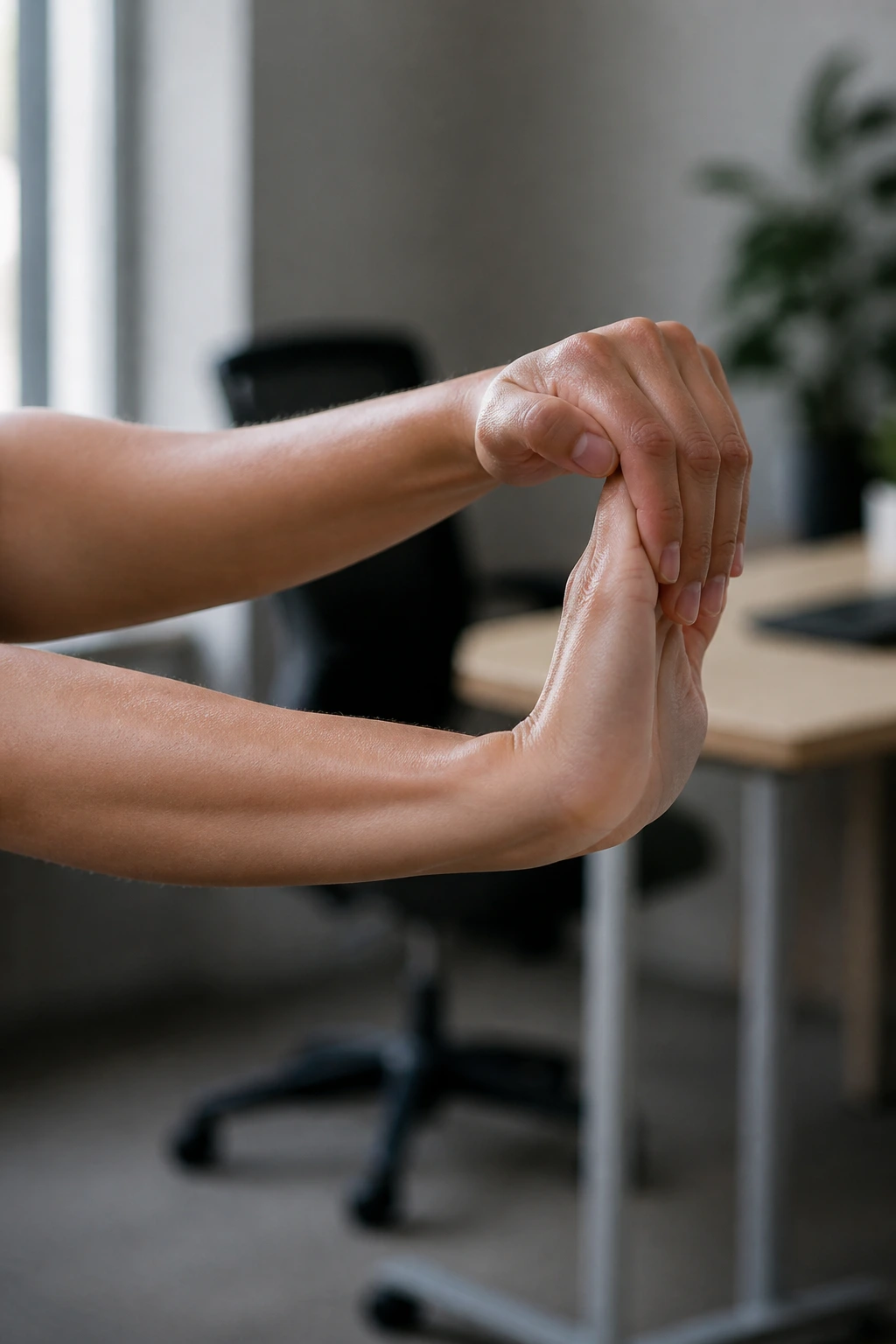 Close-up of forearm and hand performing a wrist extensor stretch at a desk