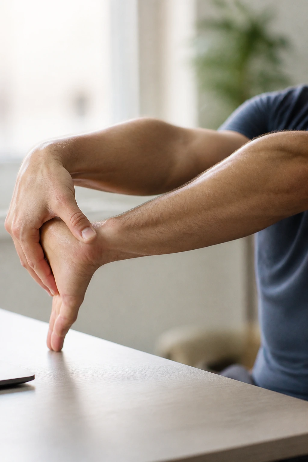 Forearm flexion stretch with palm down and fingers pulled toward forearm
