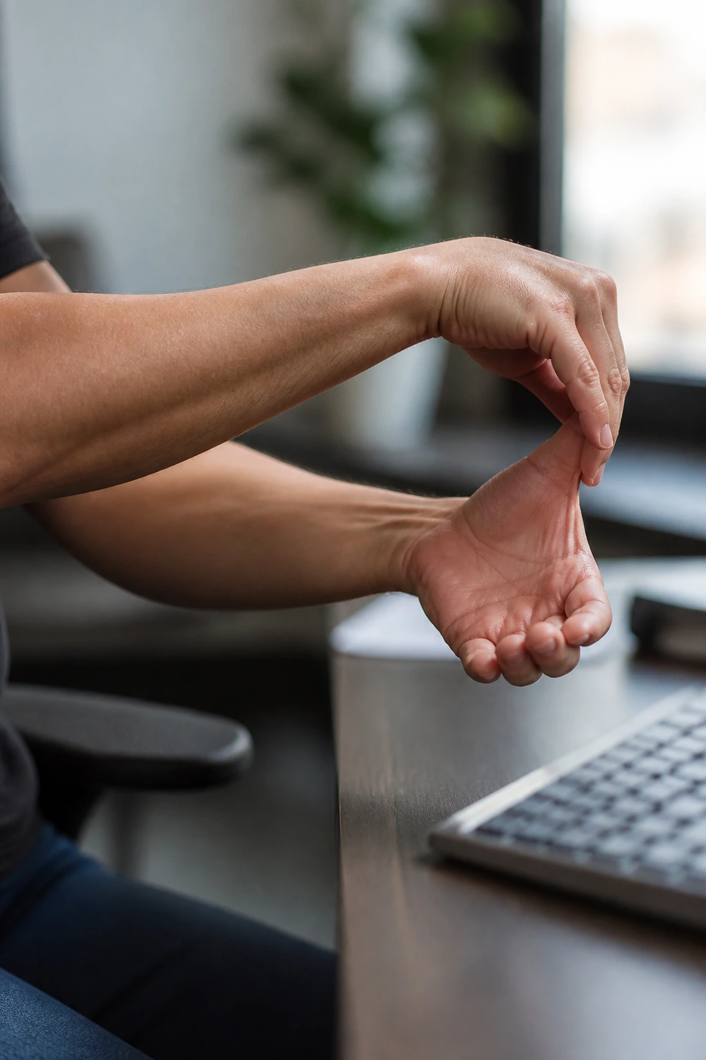 Close-up of real person performing wrist flexor stretch at a desk