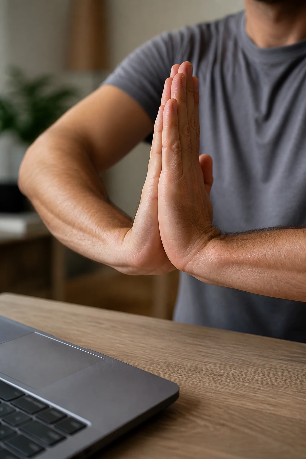 Close-up of hands and forearms performing wrist openers at a desk