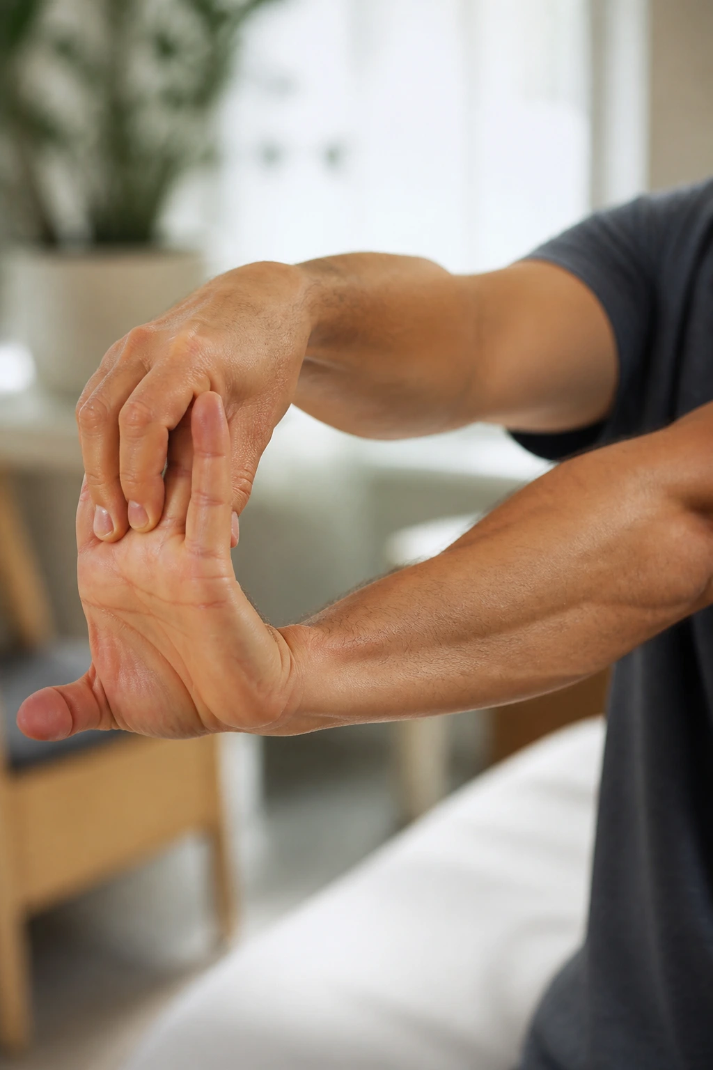 Close-up of a forearm and hands performing a wrist and forearm stretch in a bright home setting.