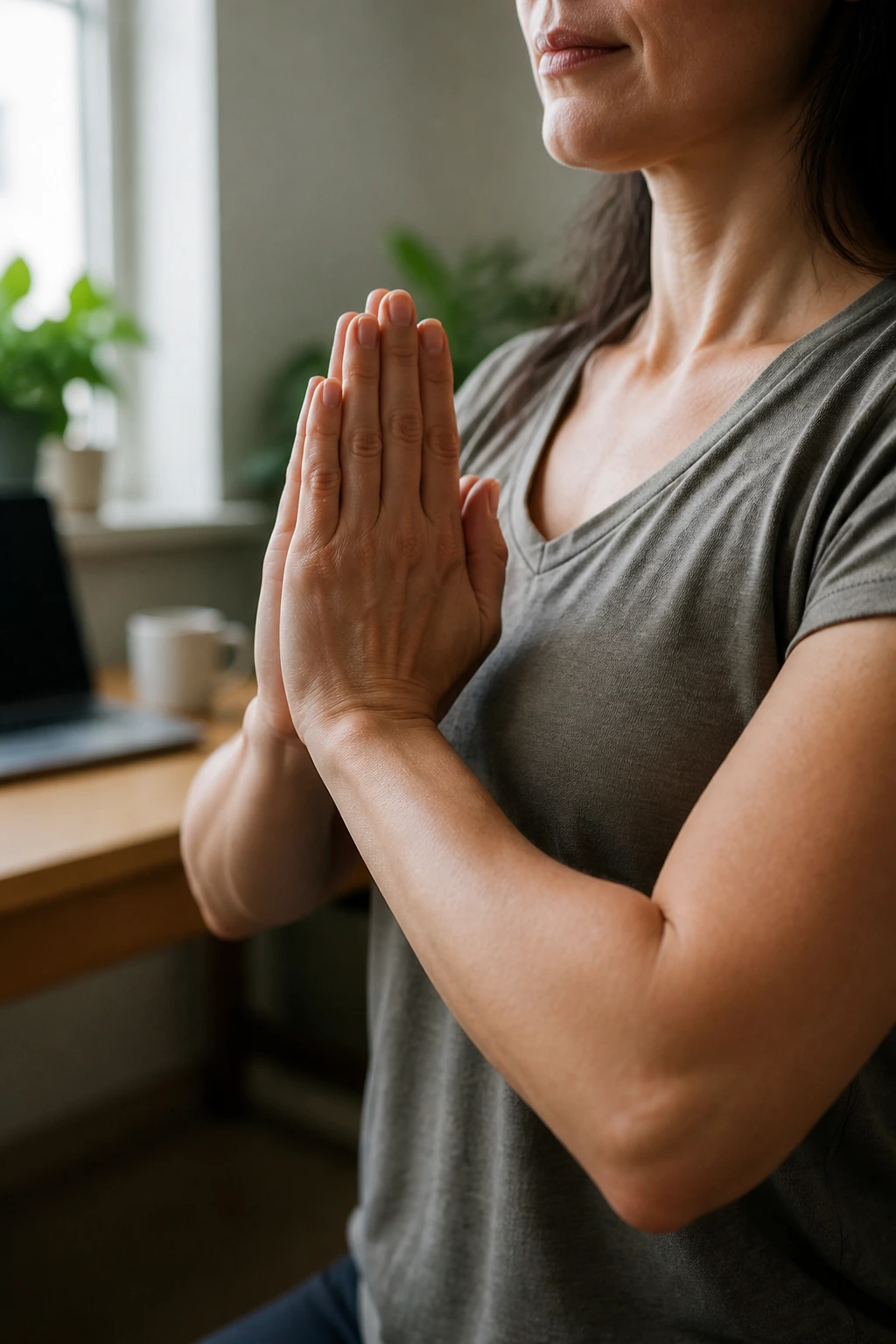 Close-up of forearms and hands in prayer stretch at a desk