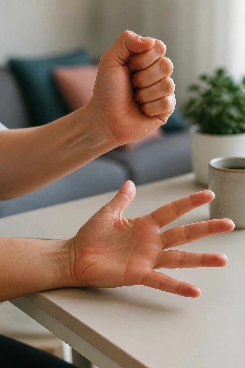 Hands and forearms performing wrist and finger exercises in a calm setting