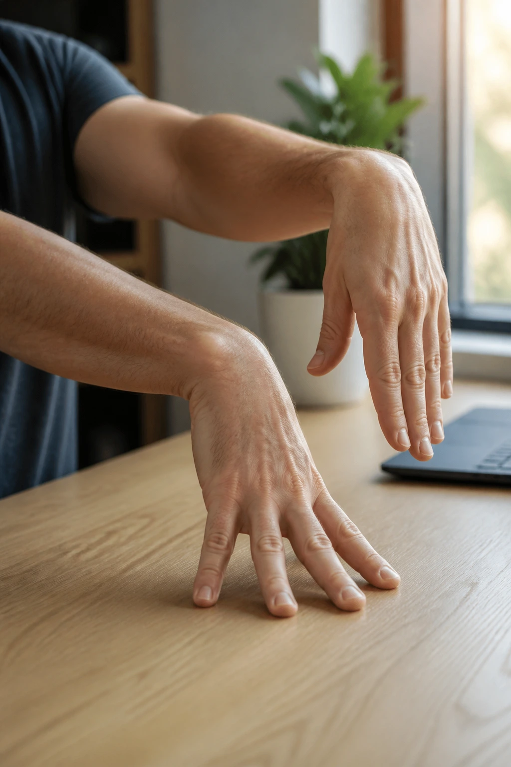 Close-up of hands performing wrist rolls and finger extensions at a desk