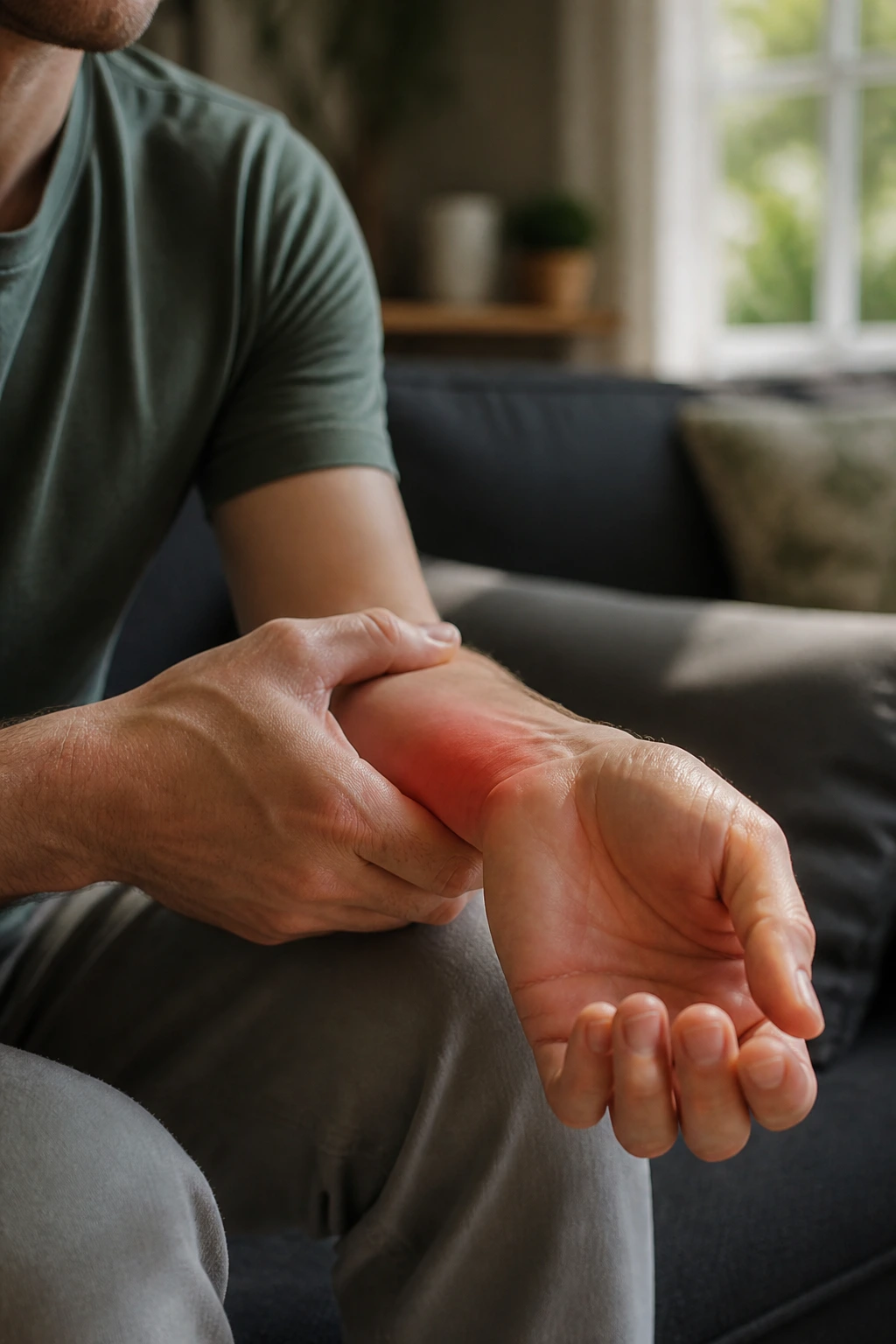 Close-up of wrist with signs of discomfort suggesting you should avoid stretching