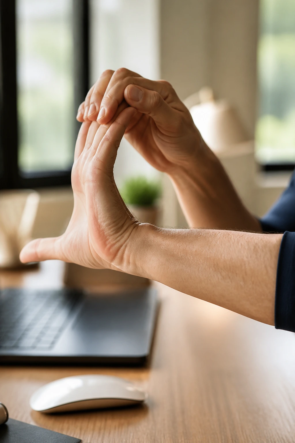 Close-up of a wrist stretch at a desk to support a sustainable daily routine