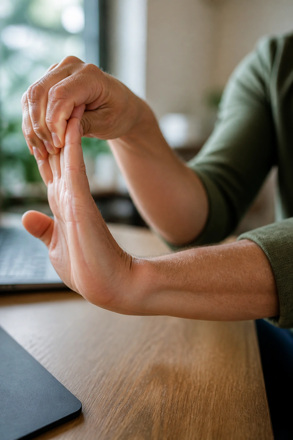 Close-up of wrist stretch showing extension and flexion.