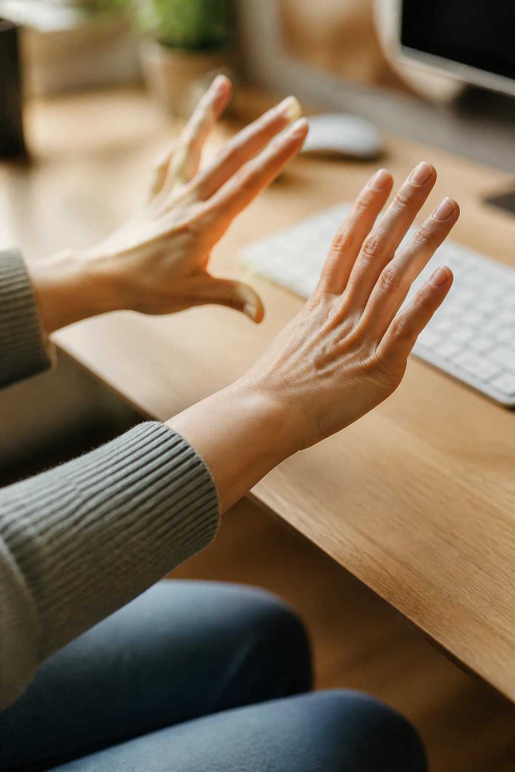 Close-up of hands performing wrist and finger warm-up at a desk