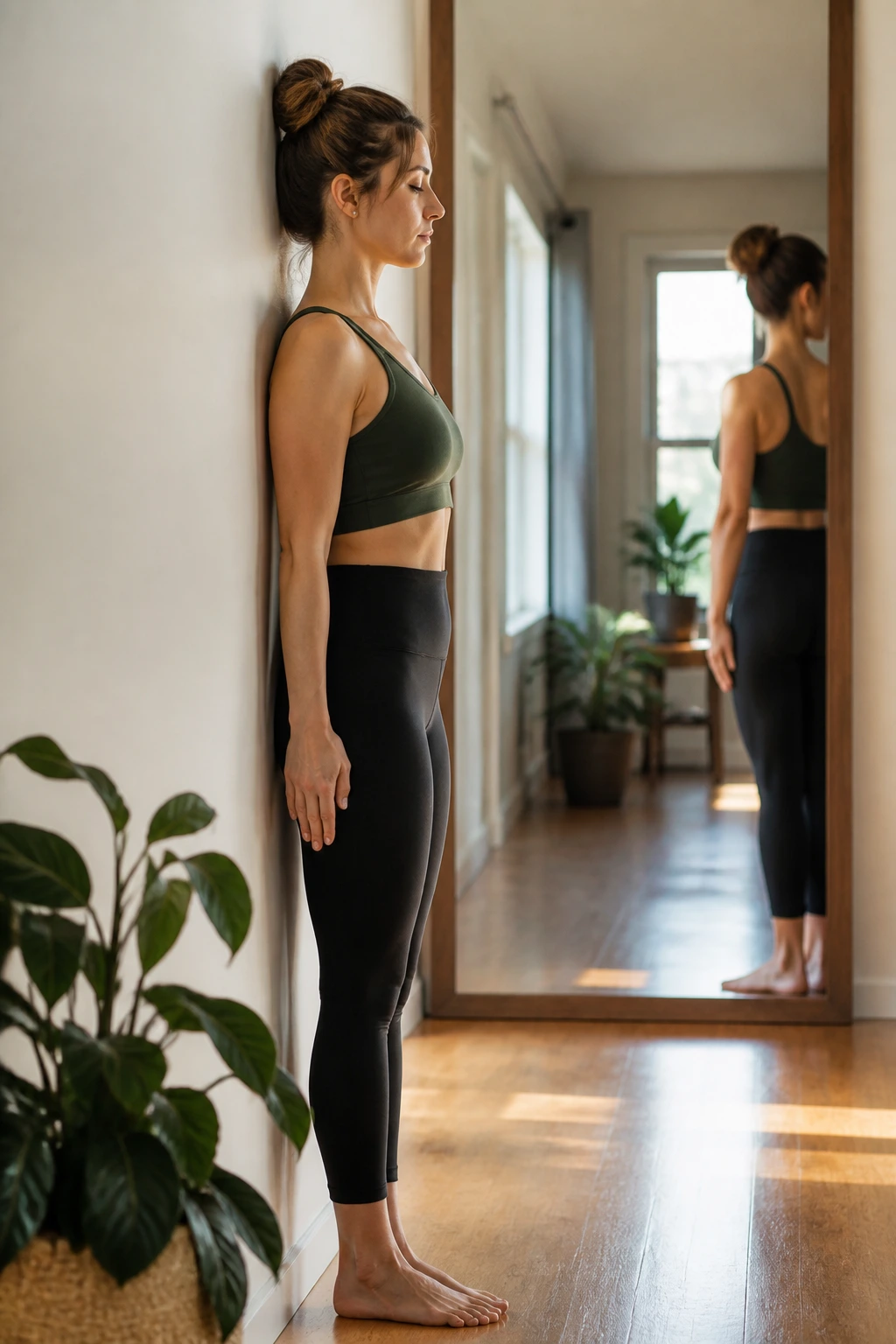 Person practicing alignment cues with a wall in a home setting